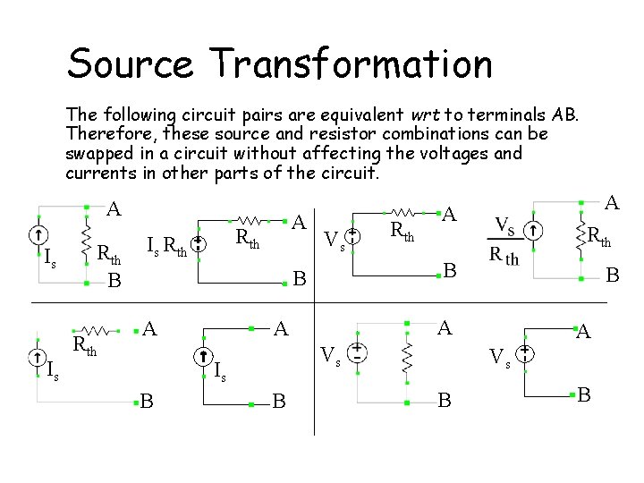 Source Transformation The following circuit pairs are equivalent wrt to terminals AB. Therefore, these