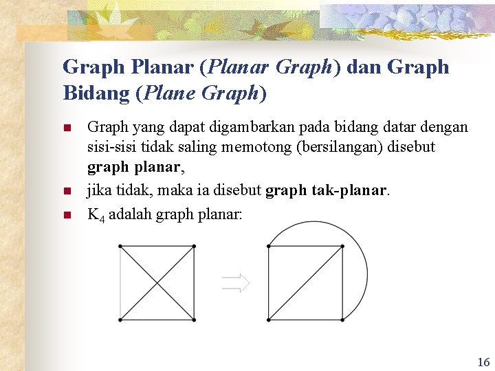 Graph Planar (Planar Graph) dan Graph Bidang (Plane Graph) n n n Graph yang