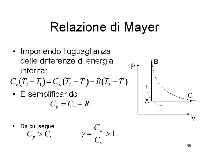 Relazione di Mayer • Imponendo l’uguaglianza delle differenze di energia interna: • E semplificando