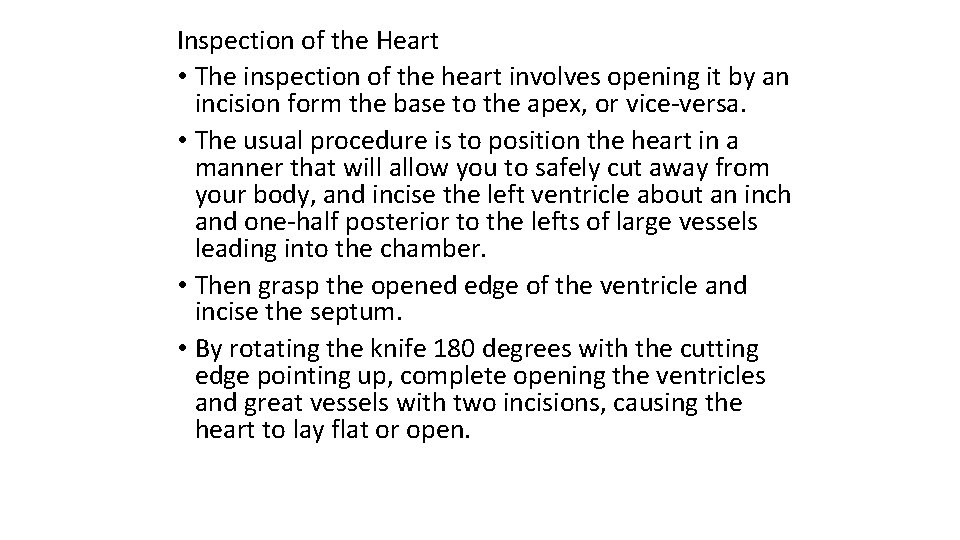 Inspection of the Heart • The inspection of the heart involves opening it by