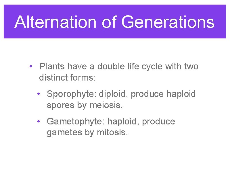 Alternation of Generations • Plants have a double life cycle with two distinct forms:
