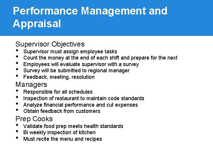 Performance Management and Appraisal Supervisor Objectives • • • Supervisor must assign employee tasks