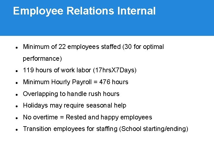 Employee Relations Internal Minimum of 22 employees staffed (30 for optimal performance) 119 hours