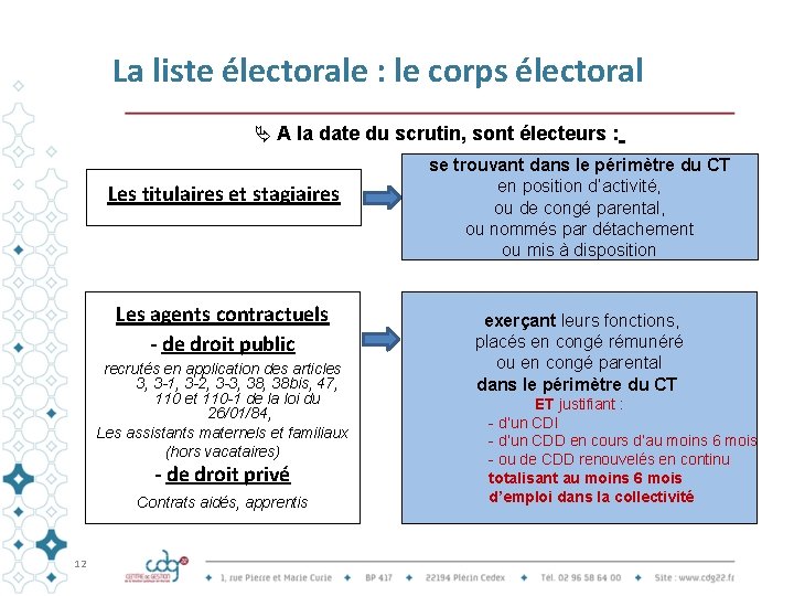 La liste électorale : le corps électoral A la date du scrutin, sont électeurs