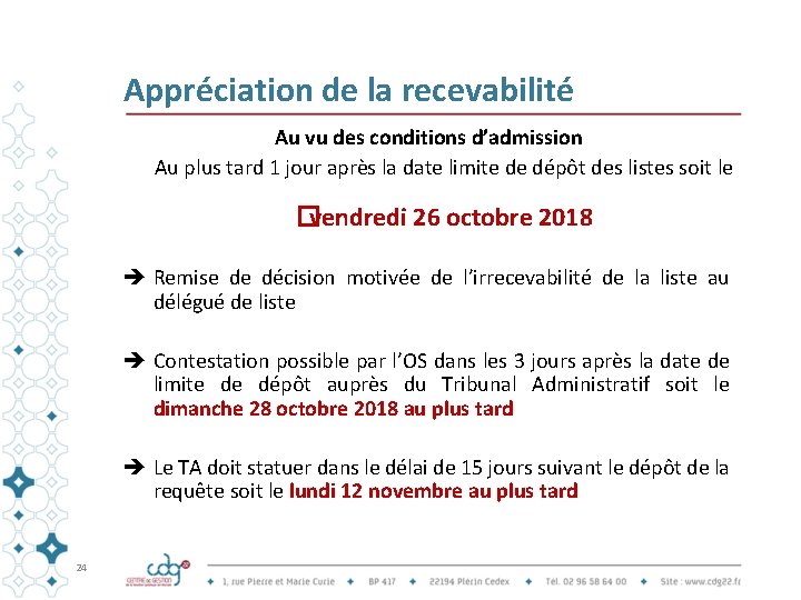 Appréciation de la recevabilité Au vu des conditions d’admission Au plus tard 1 jour