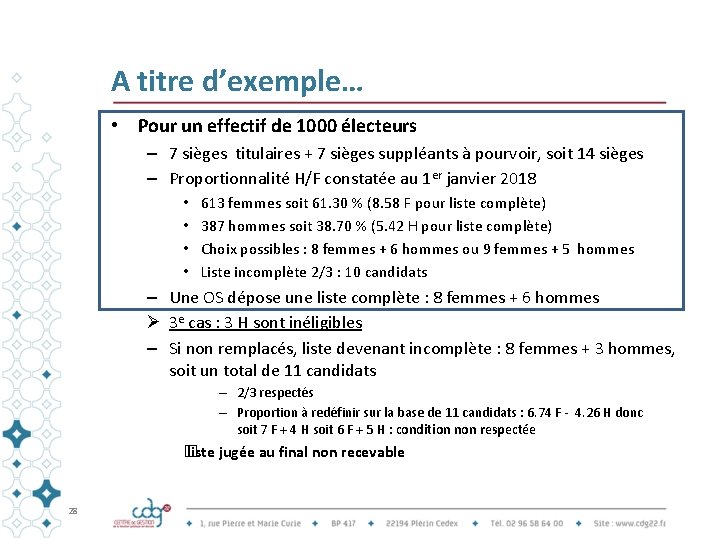 A titre d’exemple… • Pour un effectif de 1000 électeurs – 7 sièges titulaires