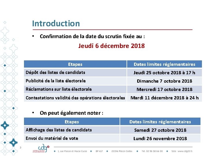 Introduction • Confirmation de la date du scrutin fixée au : Jeudi 6 décembre