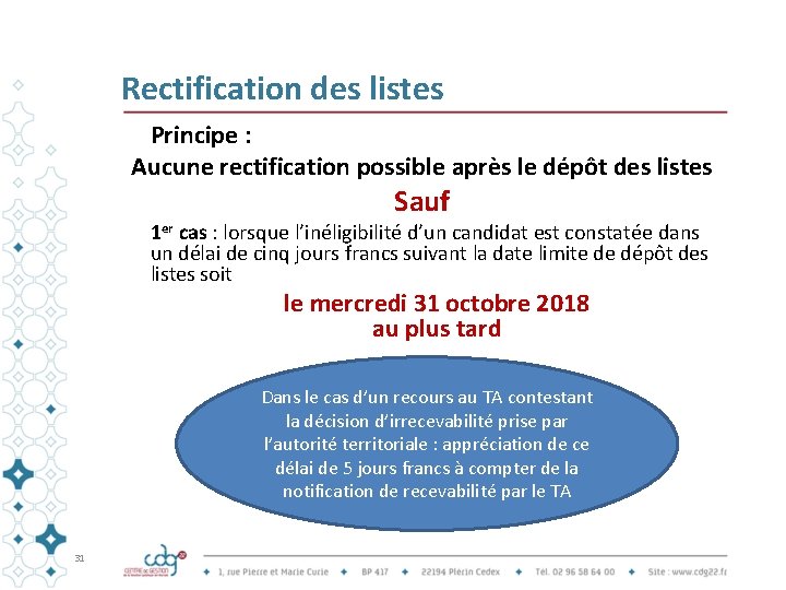 Rectification des listes Principe : Aucune rectification possible après le dépôt des listes Sauf