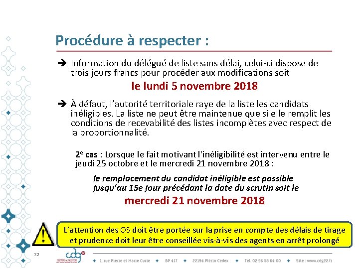 Procédure à respecter : è Information du délégué de liste sans délai, celui-ci dispose