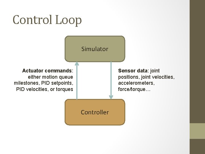 Control Loop Simulator Actuator commands: either motion queue milestones, PID setpoints, PID velocities, or
