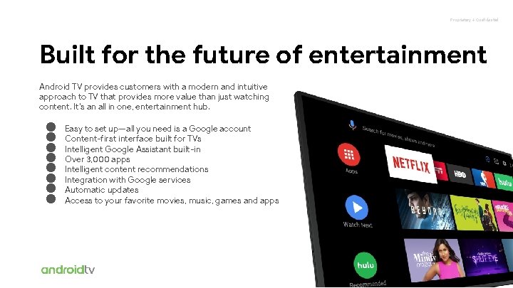 Proprietary + Confidential Built for the future of entertainment Android TV provides customers with