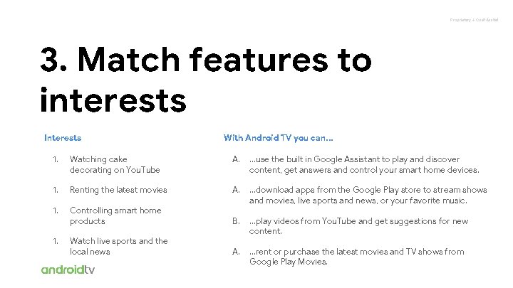 Proprietary + Confidential 3. Match features to interests Interests With Android TV you can.