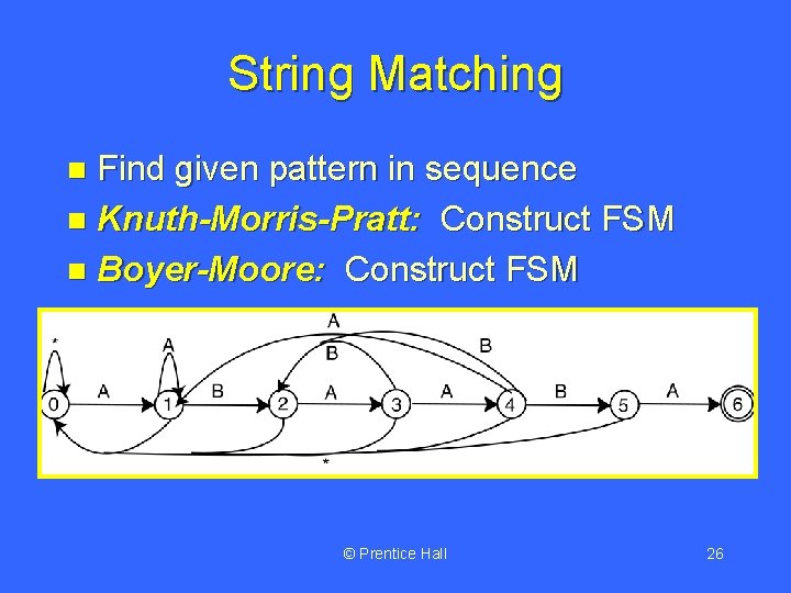 String Matching Find given pattern in sequence n Knuth-Morris-Pratt: Construct FSM n Boyer-Moore: Construct