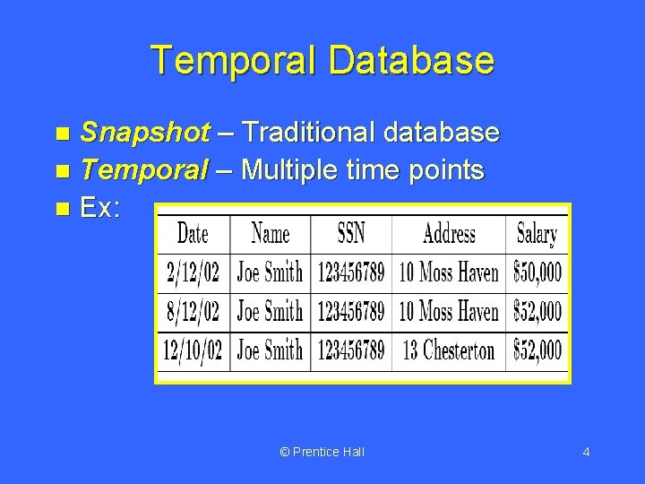 Temporal Database Snapshot – Traditional database n Temporal – Multiple time points n Ex: