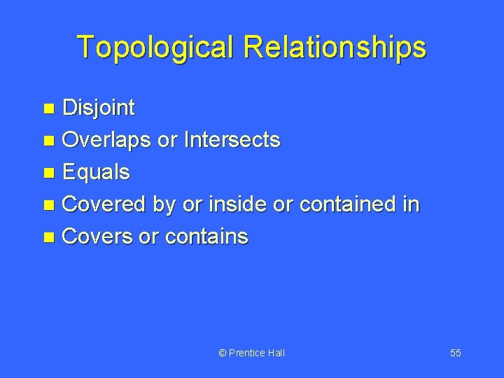 Topological Relationships Disjoint n Overlaps or Intersects n Equals n Covered by or inside