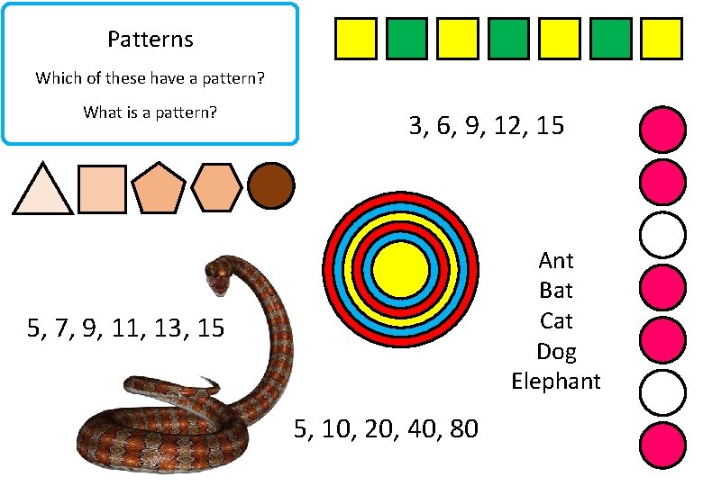 Patterns Which of these have a pattern? What is a pattern? 3, 6, 9,