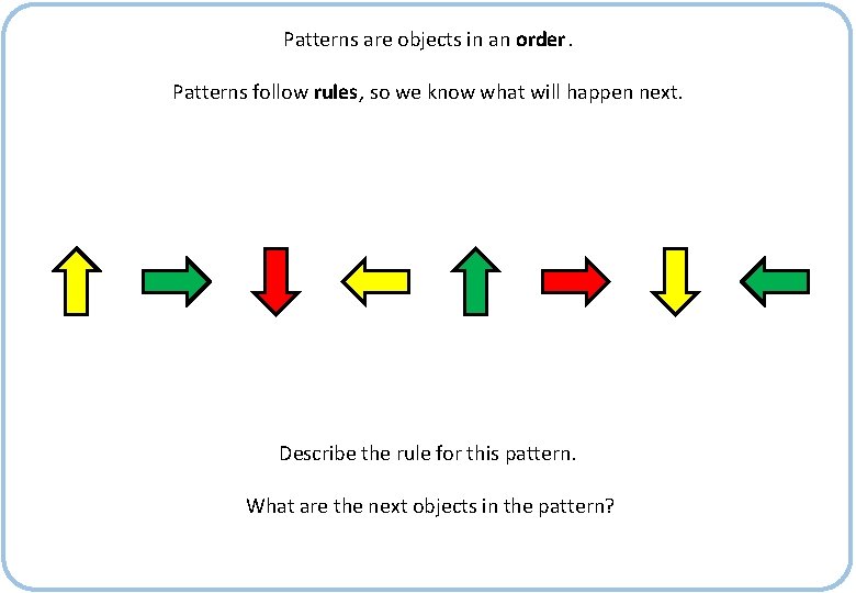 Patterns are objects in an order. Patterns follow rules, so we know what will