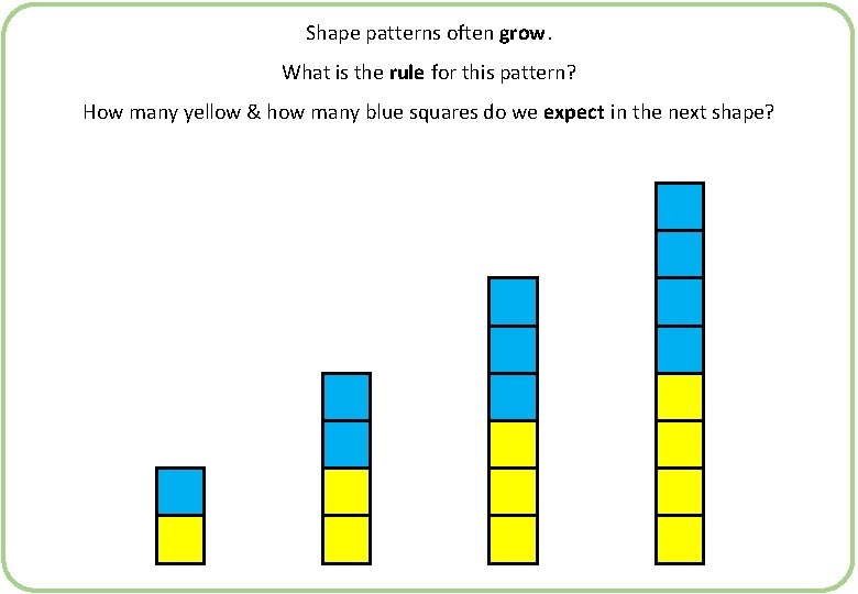 Shape patterns often grow. What is the rule for this pattern? How many yellow