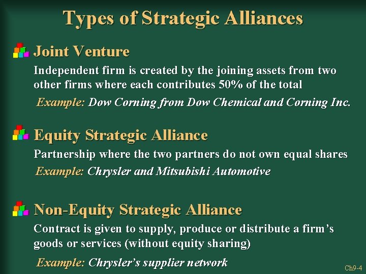 Types of Strategic Alliances Joint Venture Independent firm is created by the joining assets