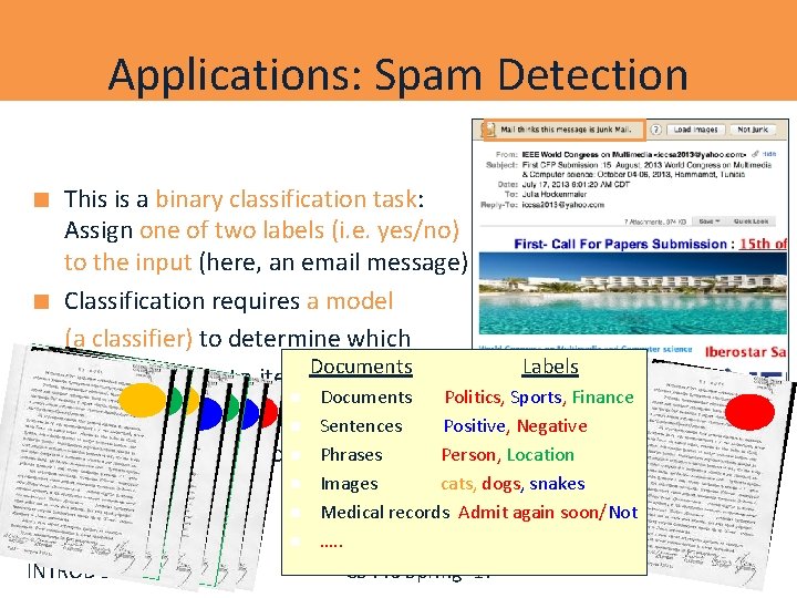 Applications: Spam Detection This is a binary classification task: Assign one of two labels
