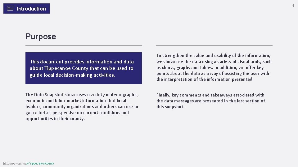 4 Introduction Purpose This document provides information and data about Tippecanoe County that can