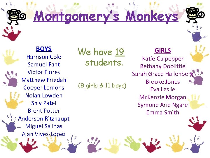 Montgomery’s Monkeys BOYS Harrison Cole Samuel Fant Victor Flores Matthew Friedah Cooper Lemons Nolan