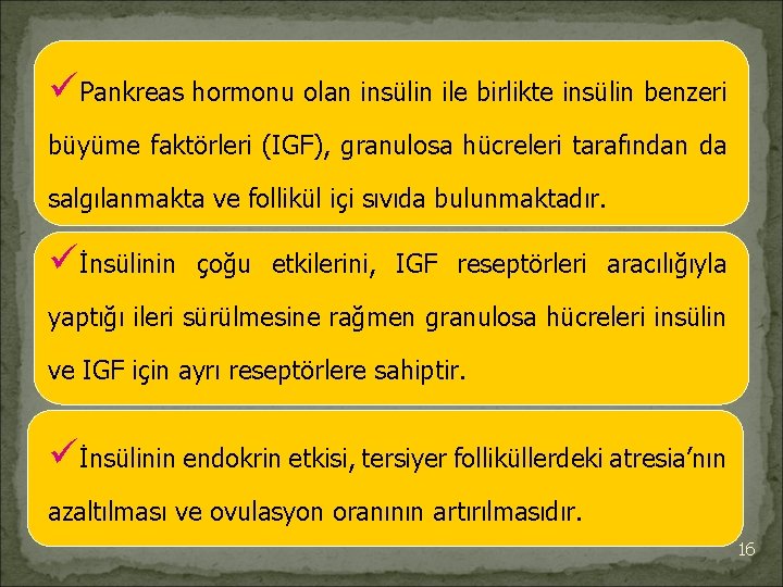 üPankreas hormonu olan insülin ile birlikte insülin benzeri büyüme faktörleri (IGF), granulosa hücreleri tarafından