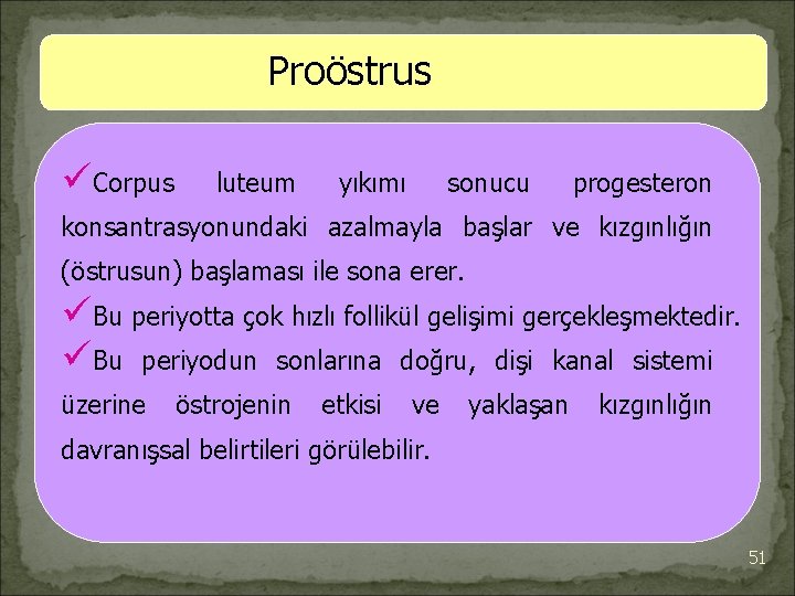 Proöstrus üCorpus luteum yıkımı sonucu progesteron konsantrasyonundaki azalmayla başlar ve kızgınlığın (östrusun) başlaması ile