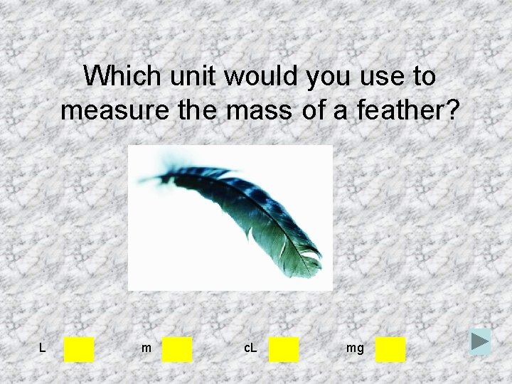 Which unit would you use to measure the mass of a feather? L m