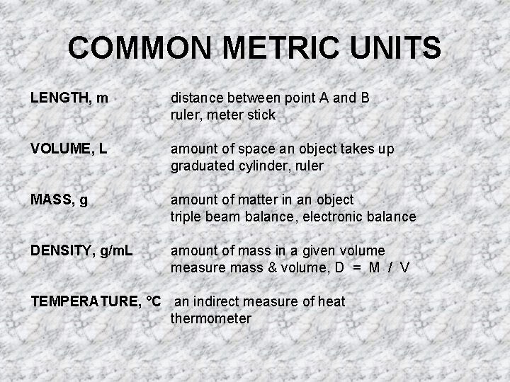 COMMON METRIC UNITS LENGTH, m distance between point A and B ruler, meter stick