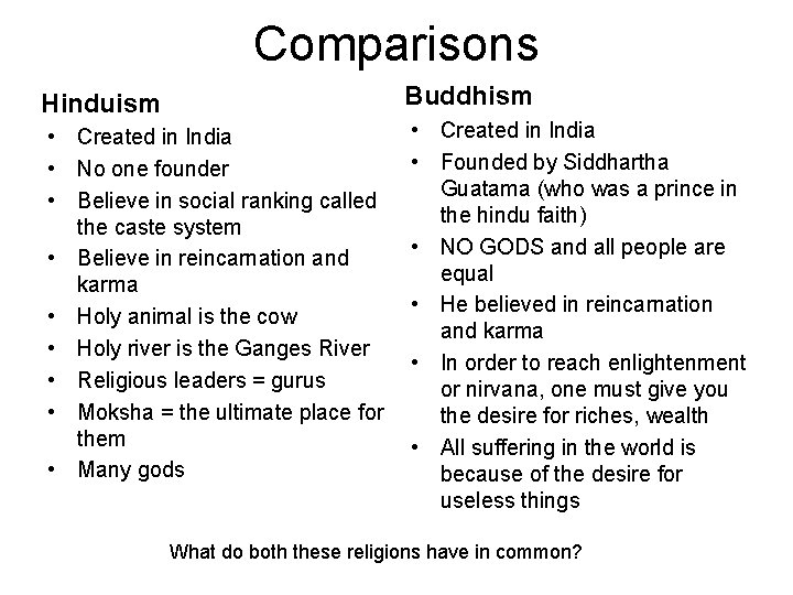 Comparisons Buddhism Hinduism • Created in India • No one founder • Believe in