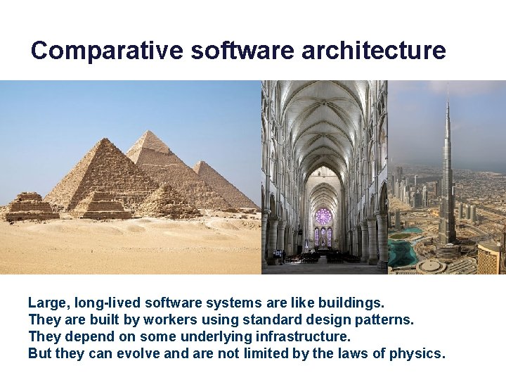 Comparative software architecture Large, long-lived software systems are like buildings. They are built by