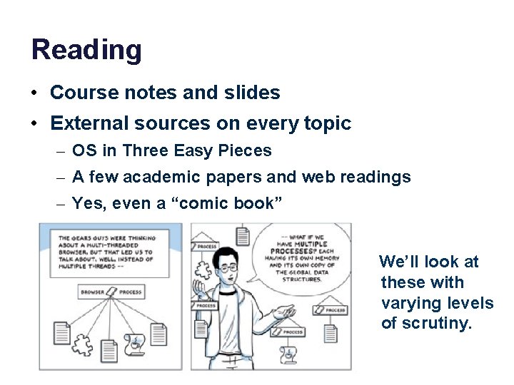 Reading • Course notes and slides • External sources on every topic – OS