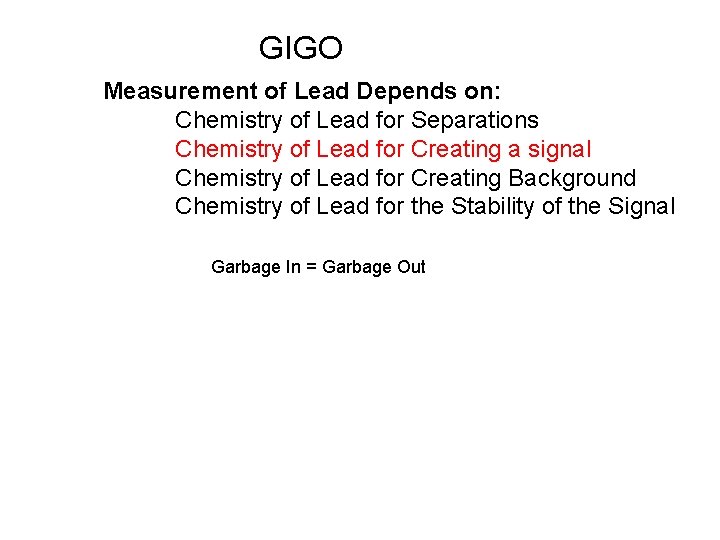 GIGO Measurement of Lead Depends on: Chemistry of Lead for Separations Chemistry of Lead