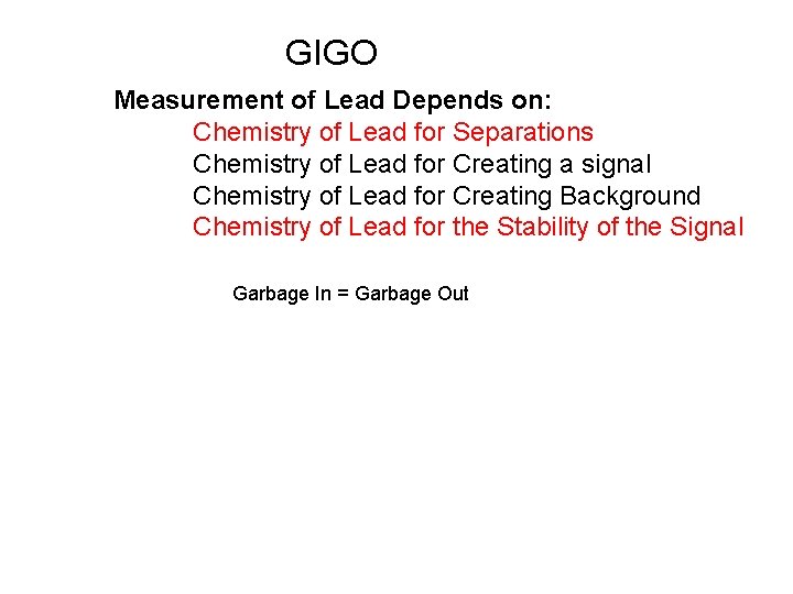 GIGO Measurement of Lead Depends on: Chemistry of Lead for Separations Chemistry of Lead