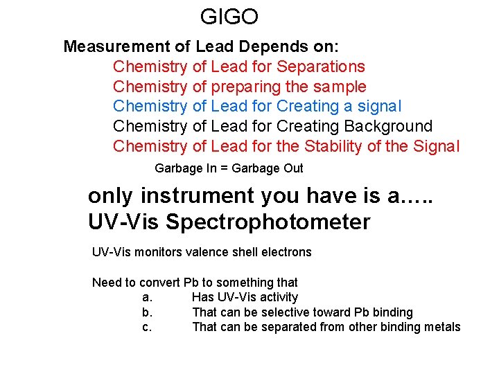 GIGO Measurement of Lead Depends on: Chemistry of Lead for Separations Chemistry of preparing