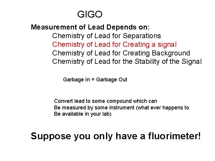 GIGO Measurement of Lead Depends on: Chemistry of Lead for Separations Chemistry of Lead