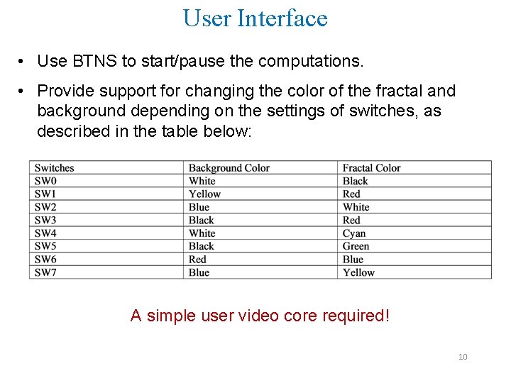 User Interface • Use BTNS to start/pause the computations. • Provide support for changing