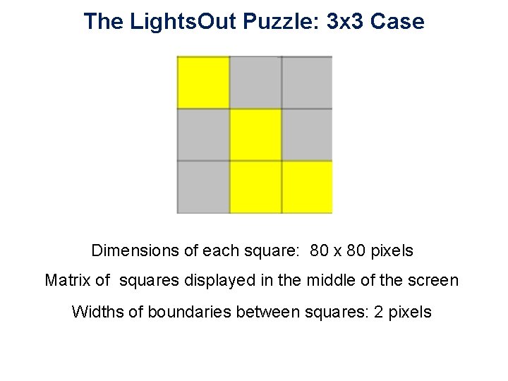 The Lights. Out Puzzle: 3 x 3 Case Dimensions of each square: 80 x