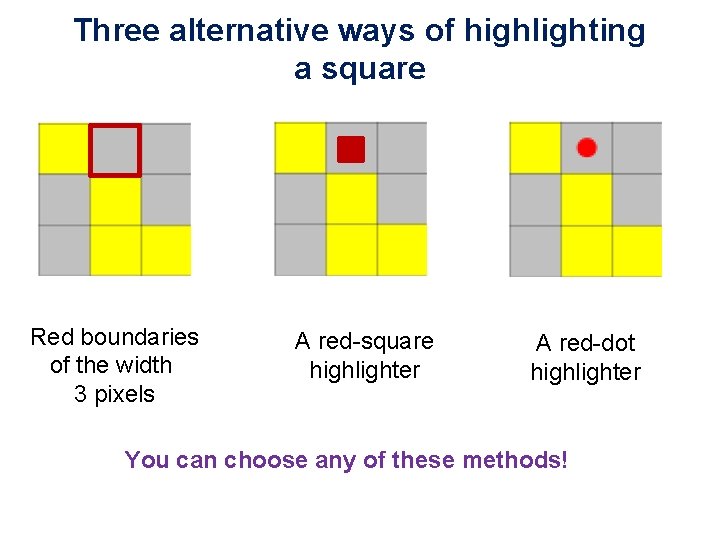 Three alternative ways of highlighting a square Red boundaries of the width 3 pixels