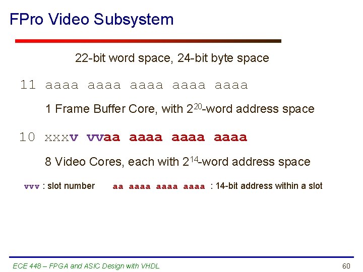FPro Video Subsystem 22 -bit word space, 24 -bit byte space 11 aaaa aaaa
