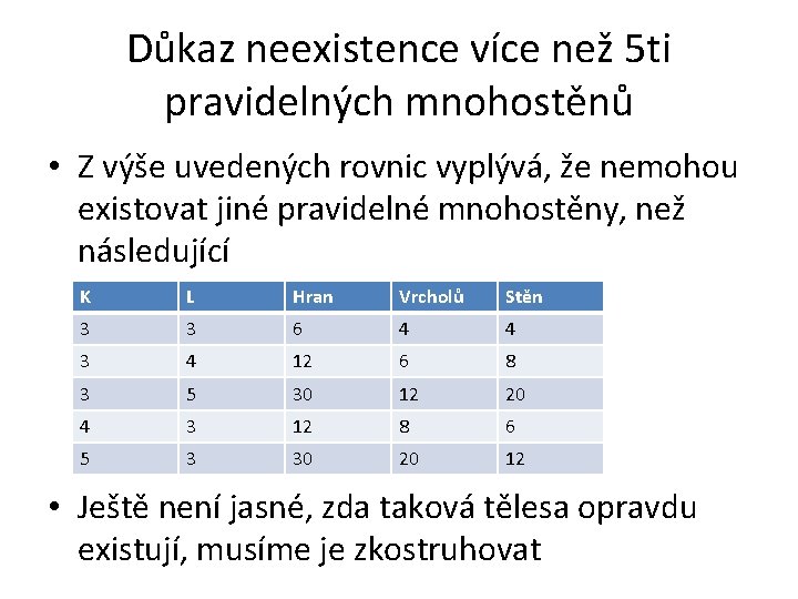 Důkaz neexistence více než 5 ti pravidelných mnohostěnů • Z výše uvedených rovnic vyplývá,