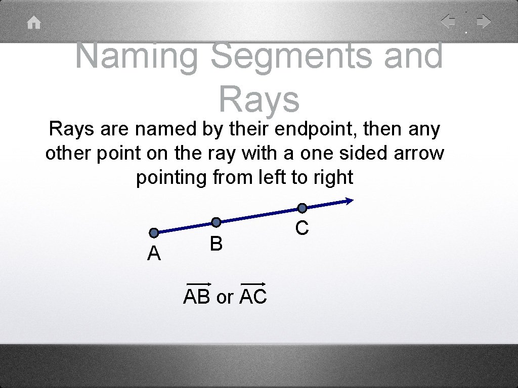 Naming Segments and Rays are named by their endpoint, then any other point on