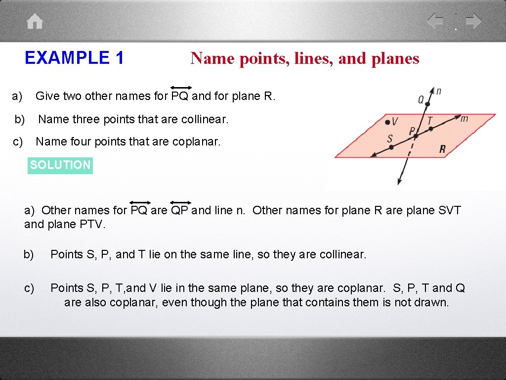 EXAMPLE 1 Name points, lines, and planes a) Give two other names for PQ