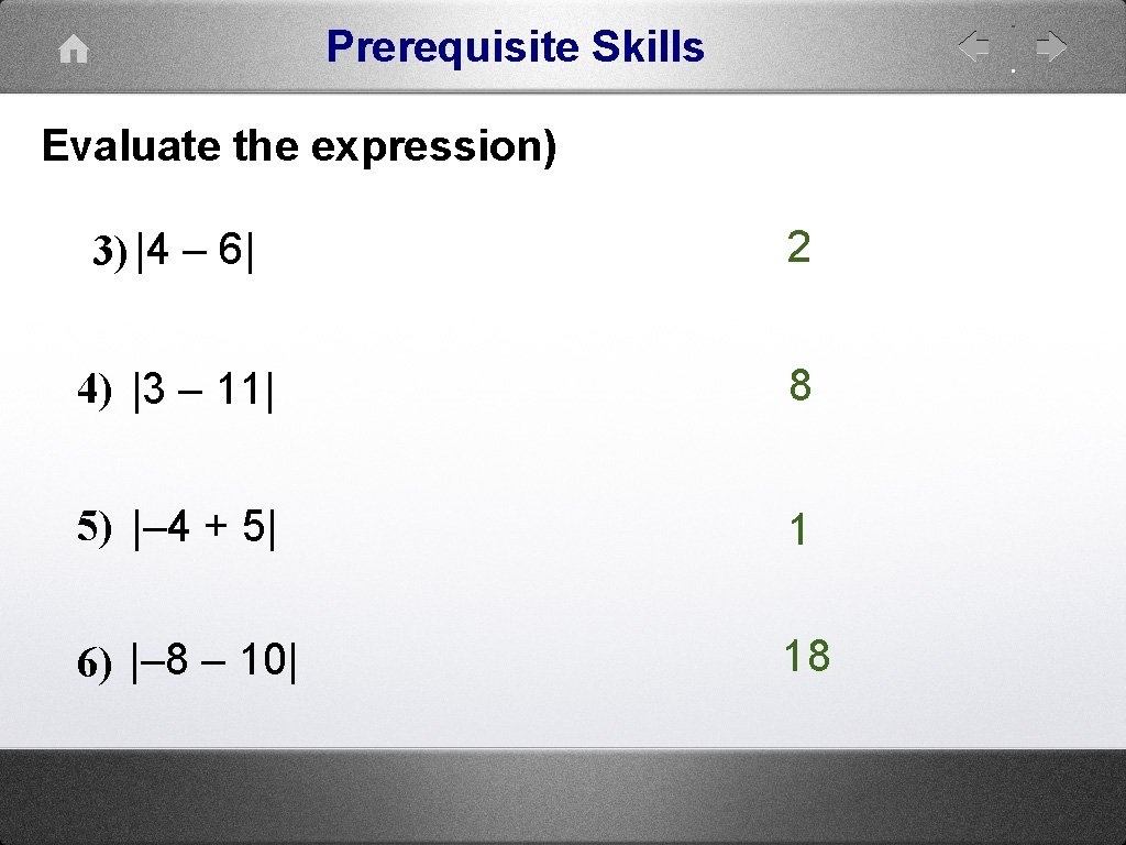 Prerequisite Skills Evaluate the expression) 3) |4 – 6| 2 4) |3 – 11|