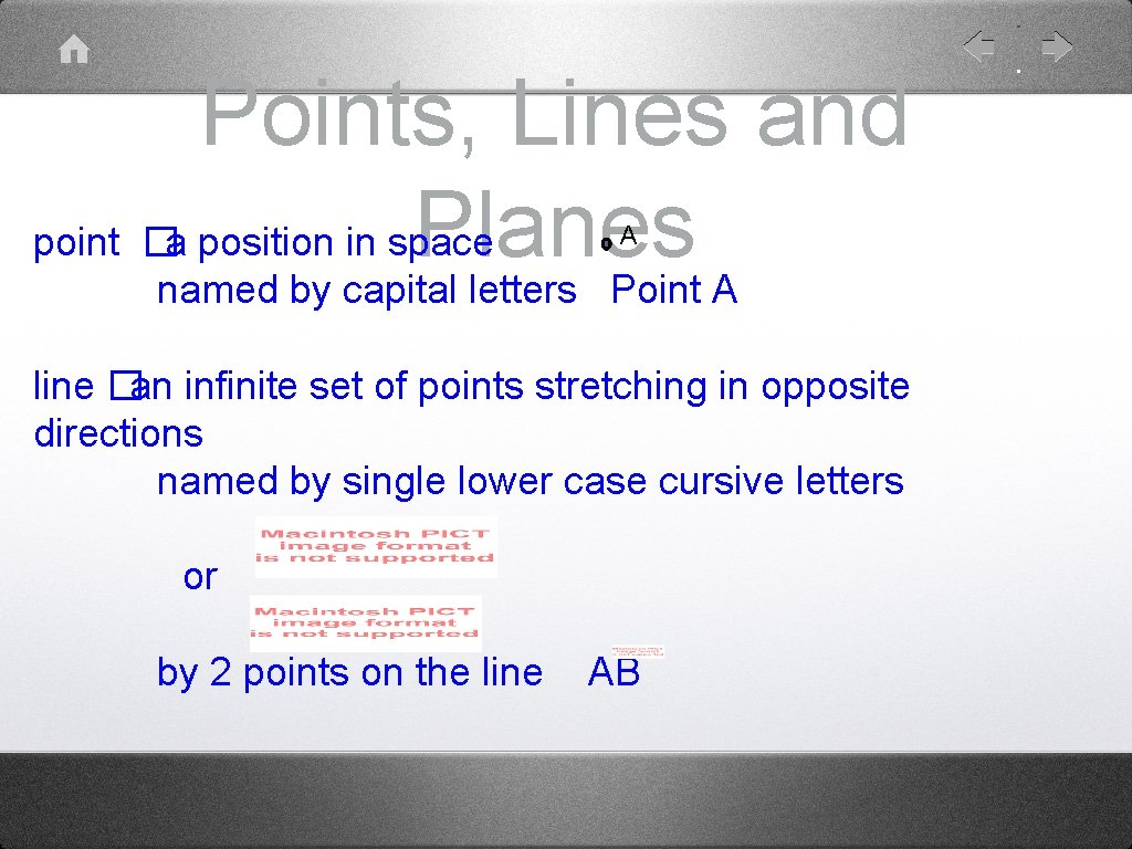 Points, Lines and point �a position in space Planes A named by capital letters