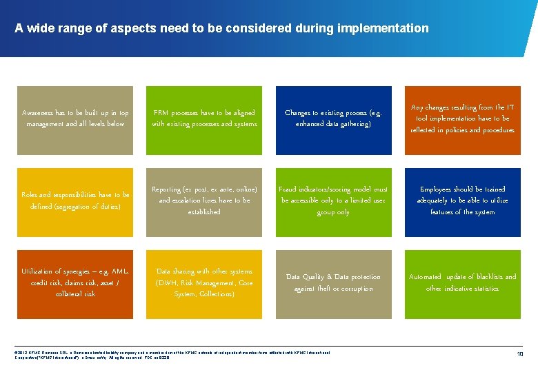 A wide range of aspects need to be considered during implementation Awareness has to