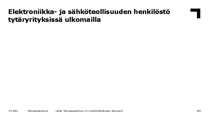 Elektroniikka- ja sähköteollisuuden henkilöstö tytäryrityksissä ulkomailla 4. 9. 2021 Teknologiateollisuus Lähde: Teknologiateollisuus ry: n