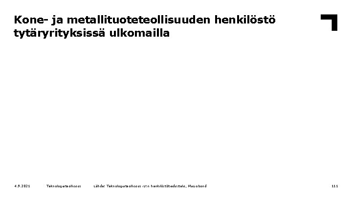 Kone- ja metallituoteteollisuuden henkilöstö tytäryrityksissä ulkomailla 4. 9. 2021 Teknologiateollisuus Lähde: Teknologiateollisuus ry: n