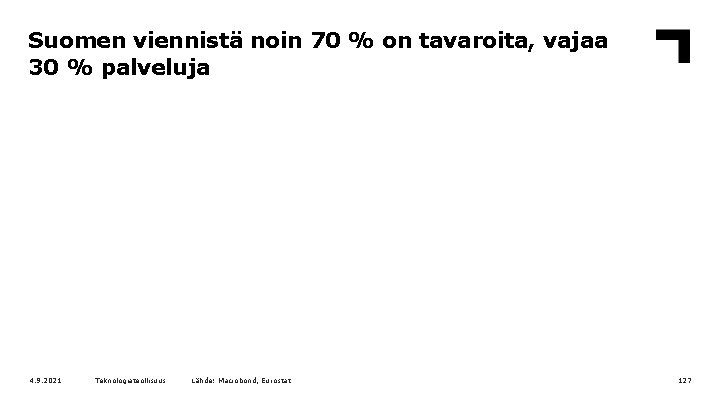 Suomen viennistä noin 70 % on tavaroita, vajaa 30 % palveluja 4. 9. 2021